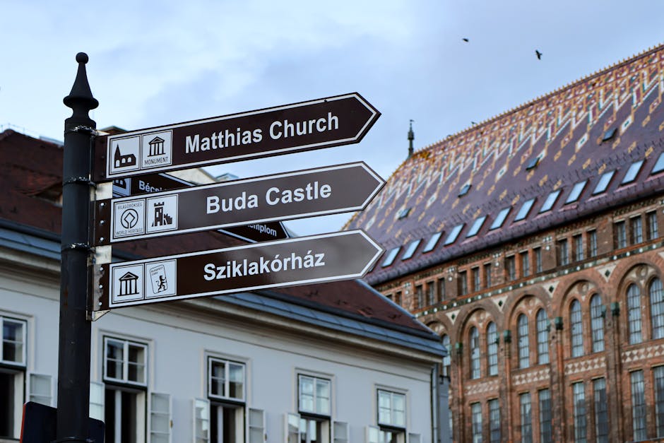 Signpost in Budapest pointing to Matthias Church and Buda Castle, showcasing iconic landmarks.