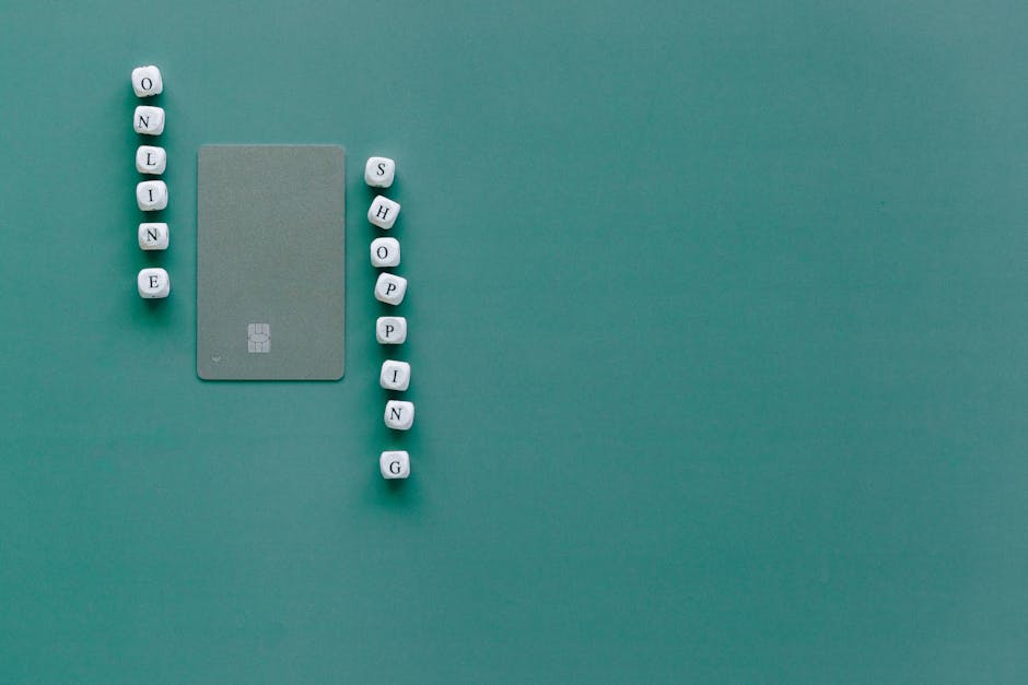 Green background with bank card and letter blocks spelling 'Online Shopping'.