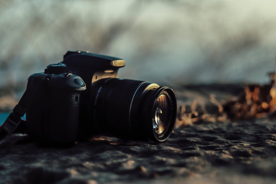 Close-up of a DSLR camera on a rocky surface, capturing soft golden sunlight at sunset.
